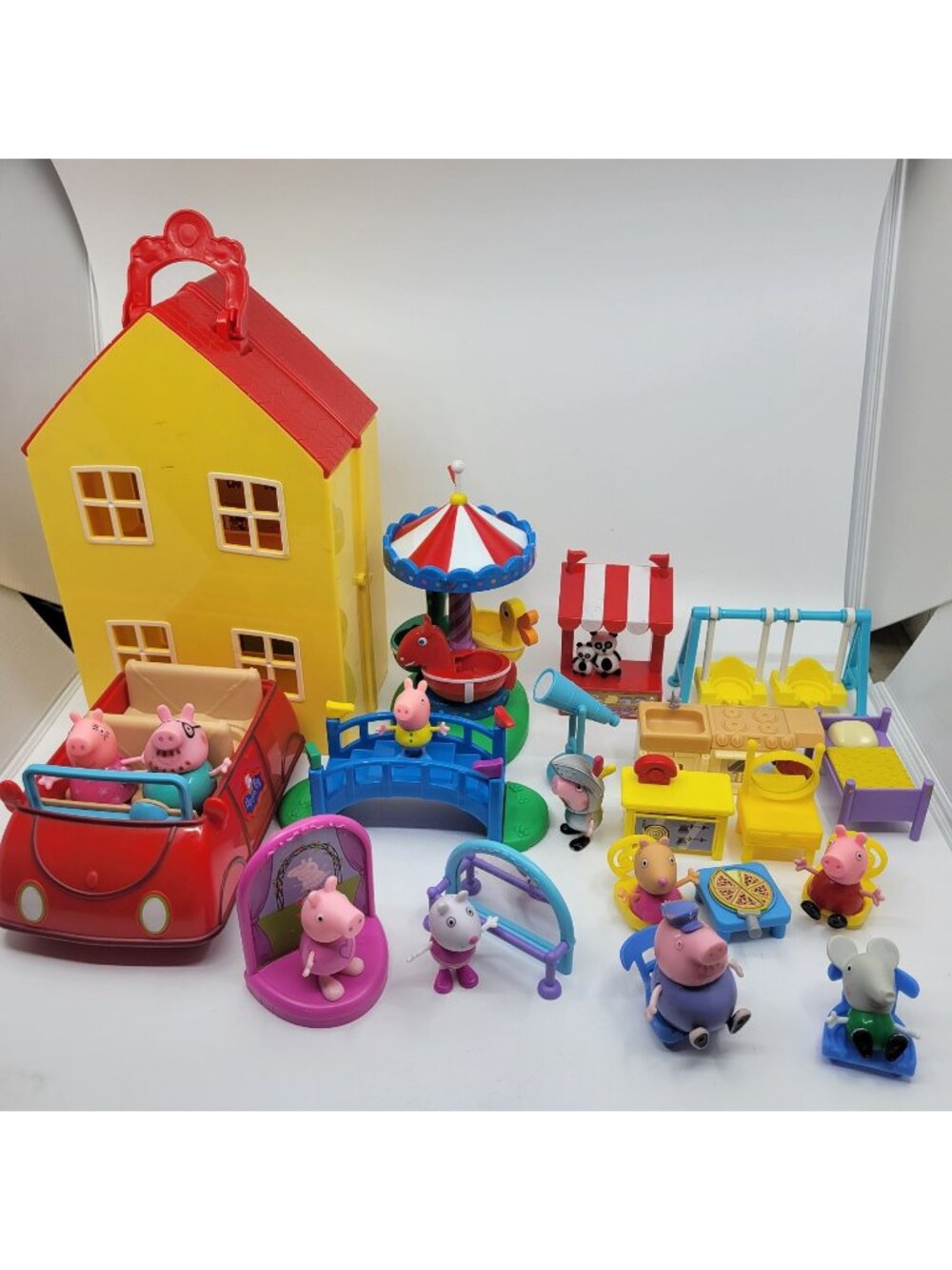 Peppa Pig Playset lot - Yellow House, Red Car, Carousel, Swing, Figures Lot - 25